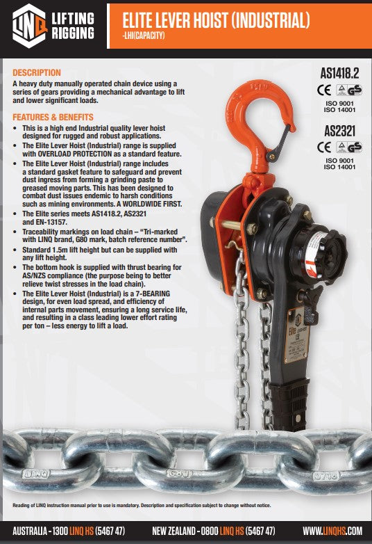 Linq Industrial 1.5m Lever Hoist - Capacity 1.5T or 6T