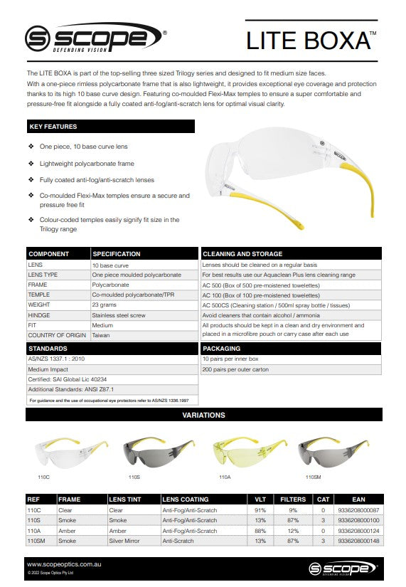 Scope Lite Boxa AF/AS Safety Glasses - 10 pairs in 4 Colour Lens Options