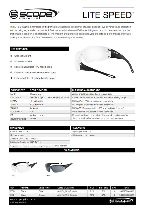 Scope Lite Speed AF/AS Safety Glasses - 10 Pairs in 2 Lens Colour Options