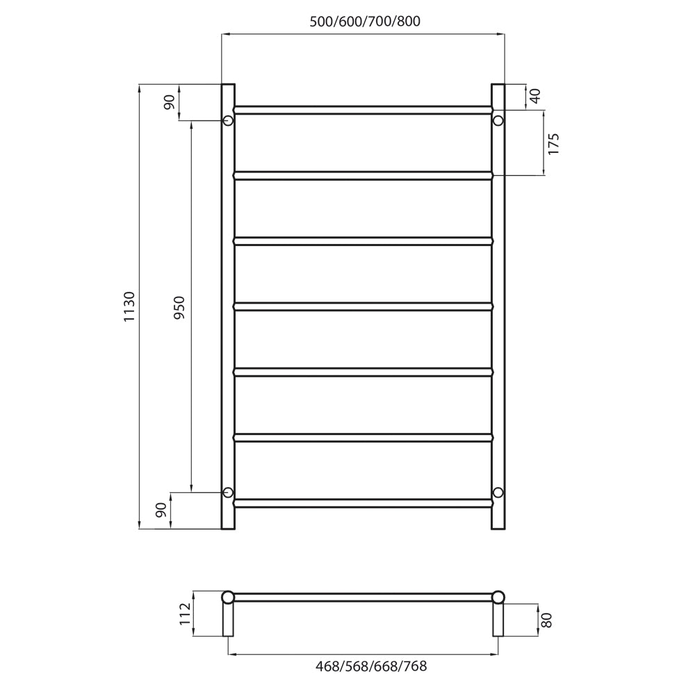 Radiant NON-Heated ROUND Bar Towel Rails (LTR02) 1130mm Tall - Multiple Widths and Colour Finishes