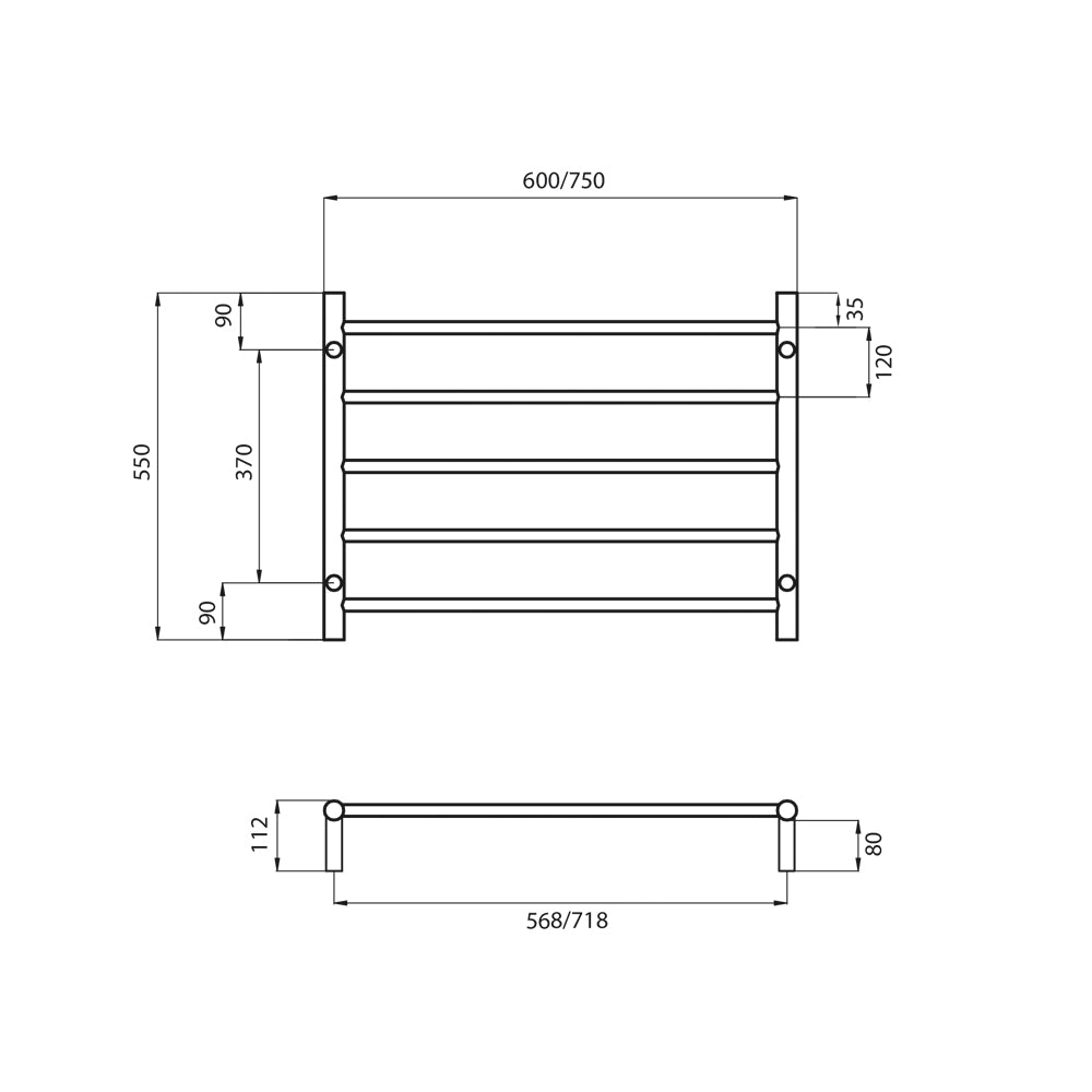 Radiant NON-Heated ROUND Bar Towel Rails (LTR03) 550mm Tall - Multiple Widths and Colour Finishes