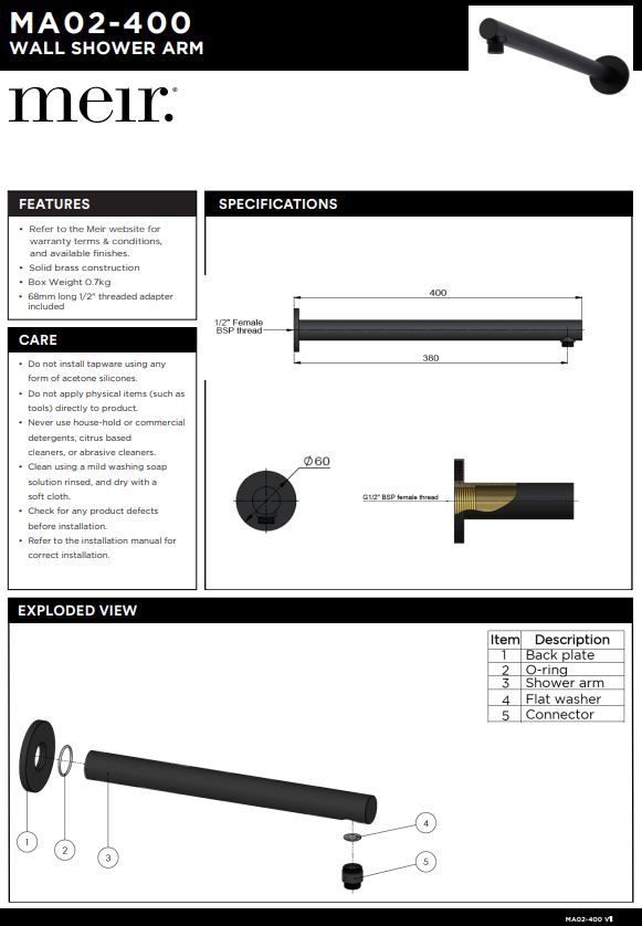 Meir Round Wall Shower Arm 400mm - Various Colour Finishes