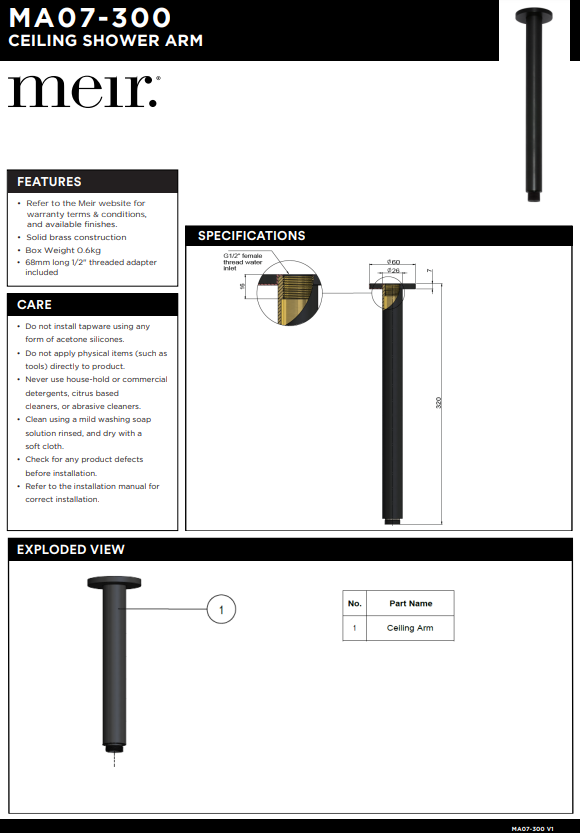 Meir Round Ceiling Shower Arm 150mm - Various Colour Finishes