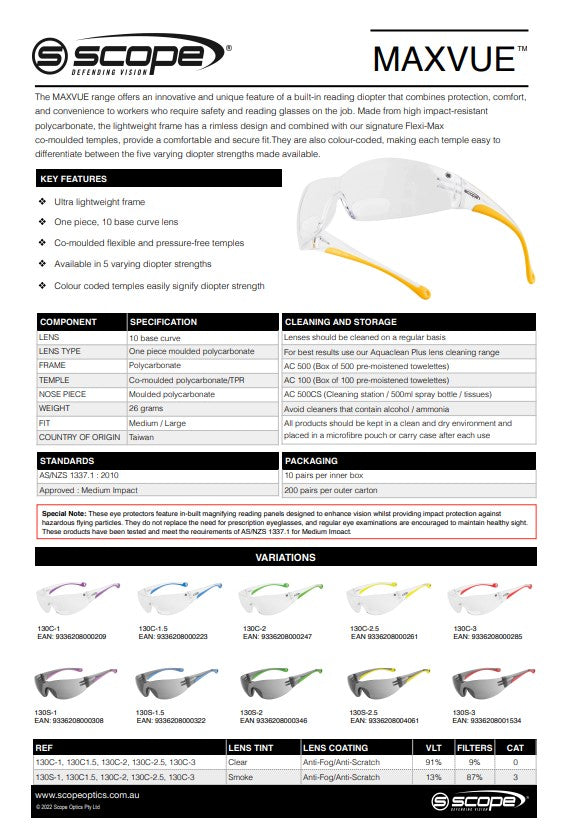 Scope Maxvue AF/AS Safety Glasses - 2 Lens Colour Options in Various Diopter