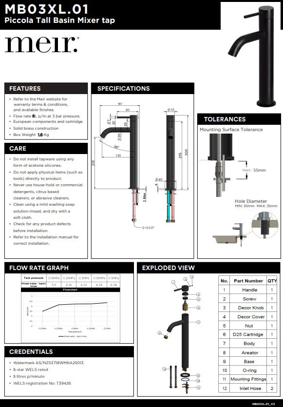 Meir Piccola Tall Basin Mixer Tap with 130mm Spout - Various Colour Finishes