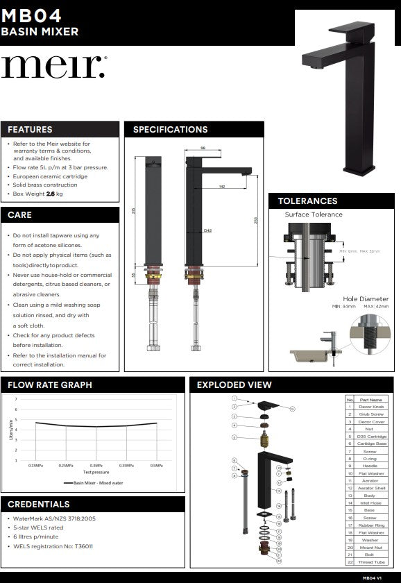 Meir Matte Black Square Tall Basin Mixer Tap