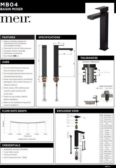 Meir Matte Black Square Tall Basin Mixer Tap