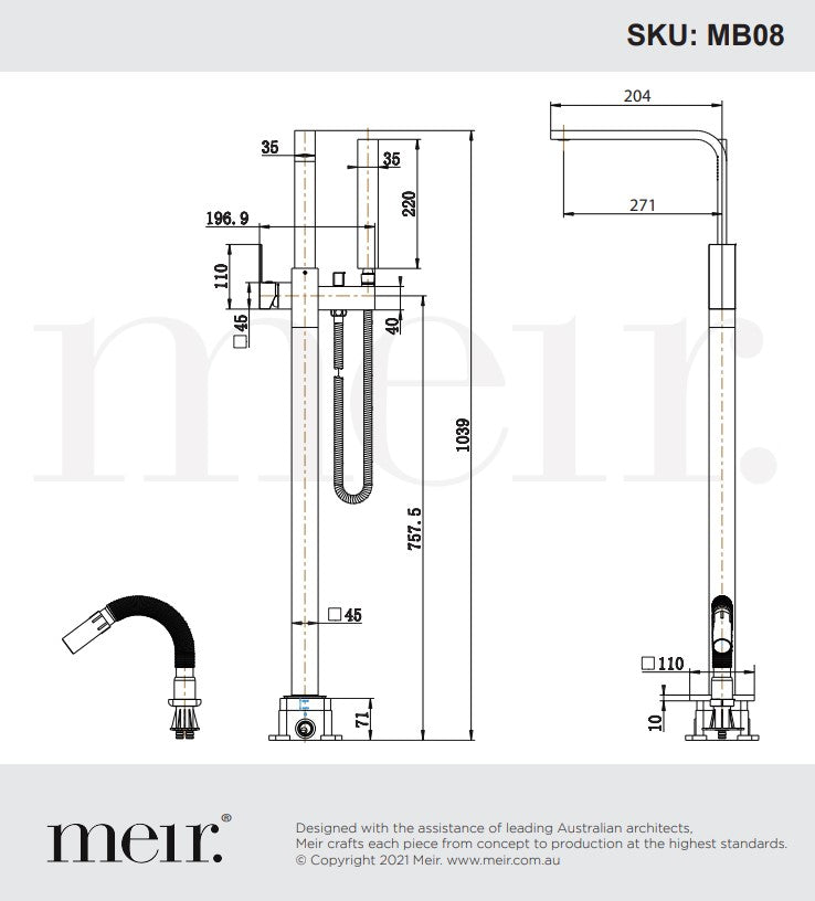 Meir Matte Black Square Freestanding Bath Spout and Hand Shower