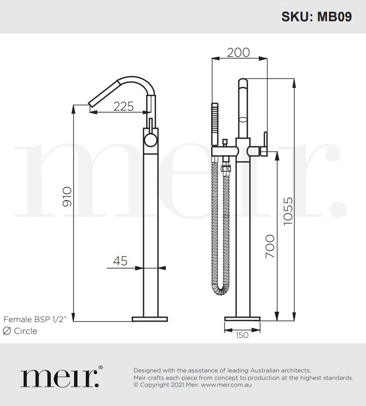 Meir Round Free Standing Bath Spout and Hand Shower Paddle Handle - Various Colour Finishes