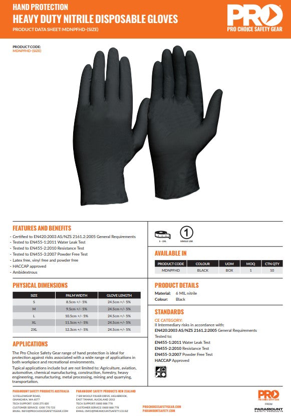 Pro Choice Disposable Nitrile Powder Free, Heavy Duty Gloves - 100 or 1000 pieces in 2 Colours and 5 Size Options