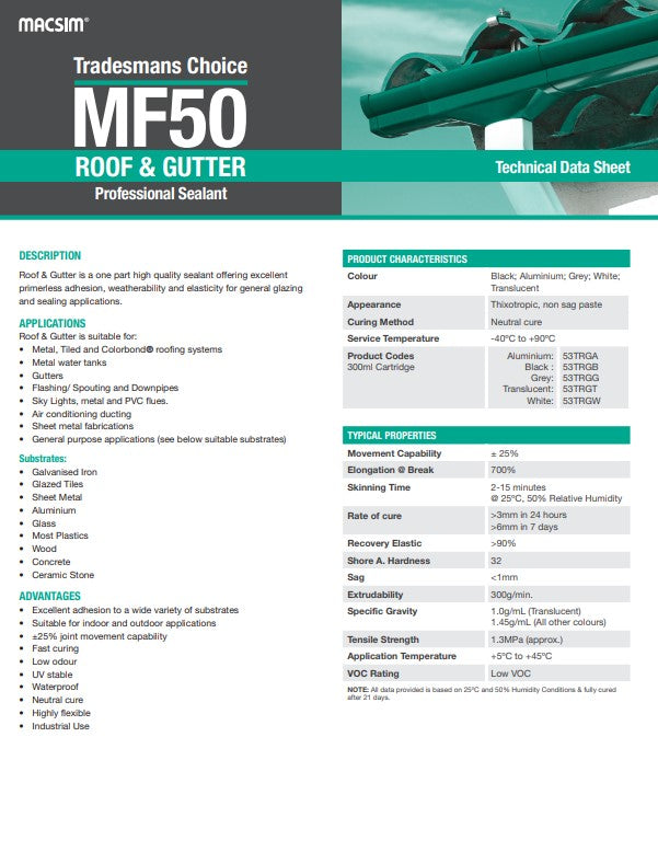 MF50 Roof and Gutter Silicone Sealant 300ml Cartridges - Box of 10
