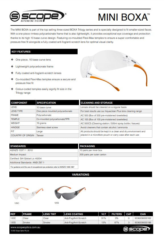Scope Mini Boxa AF/AS Safety Glasses - 10 Pairs in 2 Lens Colour Options