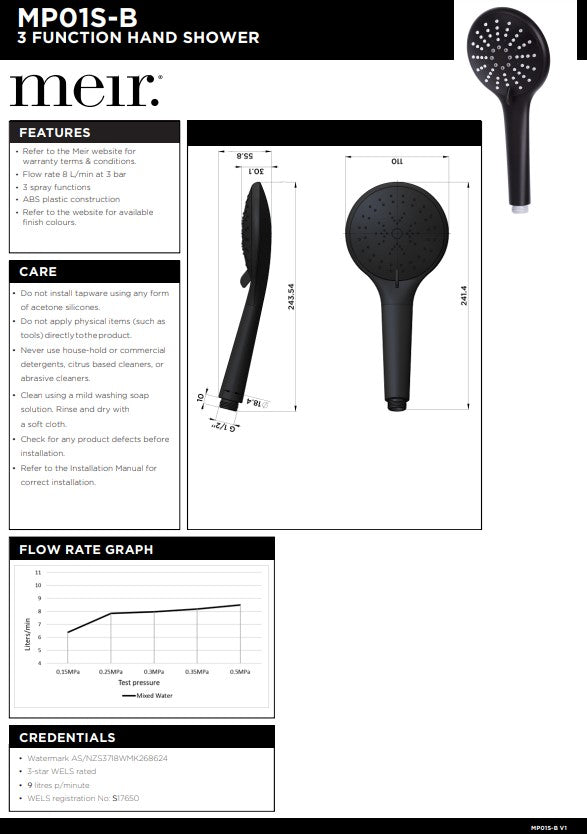 Meir Round Hand Shower Three Function - Replacement Wand