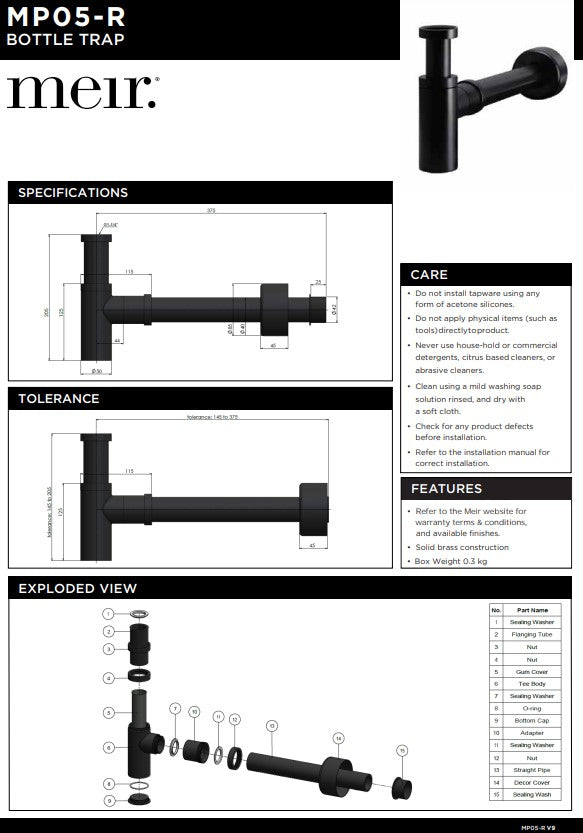 Meir Round bottle trap for 32mm basin waste and 32mm waste pipe with 40mm adapter - Various Colour Finishes