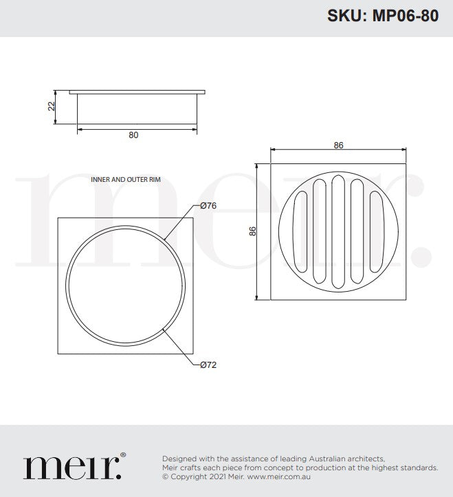 Meir Square Floor Grate Shower Drain 80mm Outlet - Various Colour Finishes