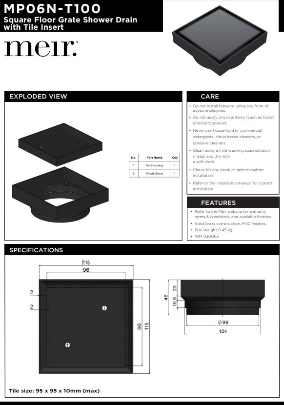 Meir Shower Waste with Tile Insert - Various Colour Finishes