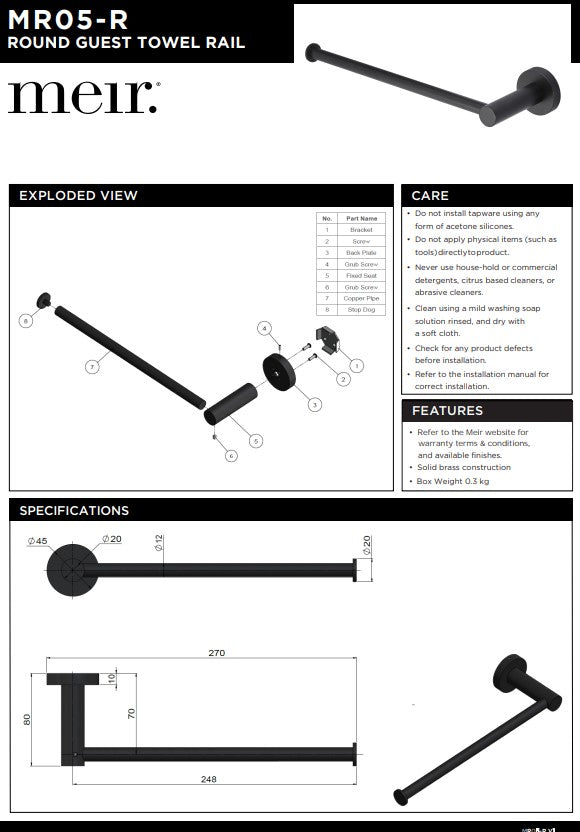 Meir Guest Towel Rail 270mm in Round & Square Bar - Various Colour Finishes