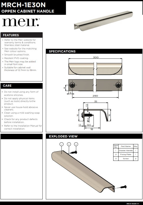 MEIR Oppen Edge-Pull 300mm Cabinet Handle (Brushed)