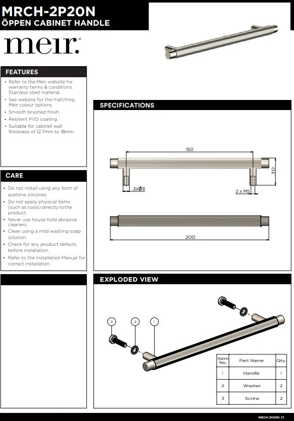 MEIR Oppen Round Pull 200mm Cabinet Handle (Linear Knurled) - Various Colour Finishes