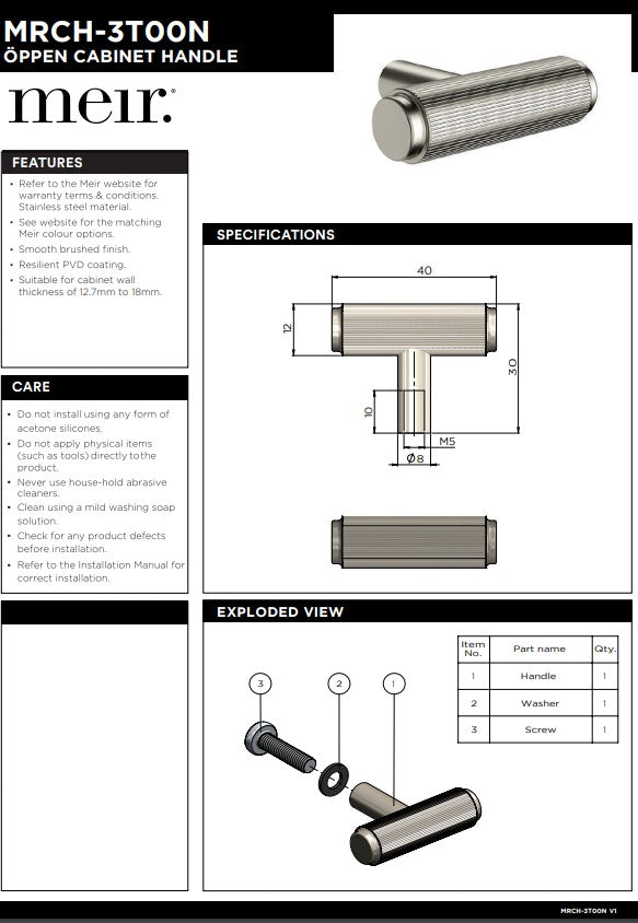 MEIR Oppen T-Pull Cabinet Handle (Linear Knurled) - Various Colour Finishes