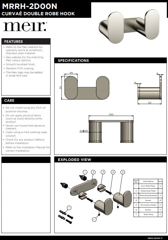 MEIR Curvae Double Robe Hook - Various Colour Finishes