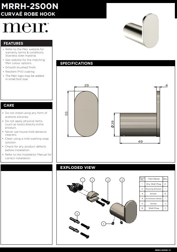 MEIR Curvae Single Robe Hook - Various Colour Finishes