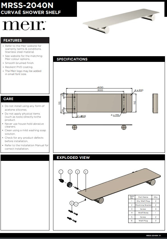MEIR Curvae Shower Shelf 400mm - Various Colour Finishes