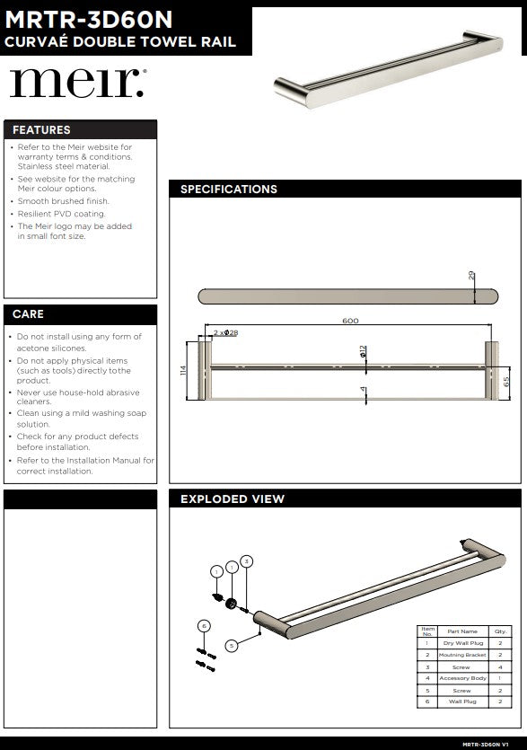 Meir Curvae Double Towel Rail 600mm - Various Colour Finishes