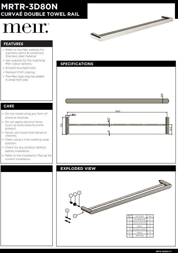 Meir Curvae Double Towel Rail 800mm - Various Colour Finishes