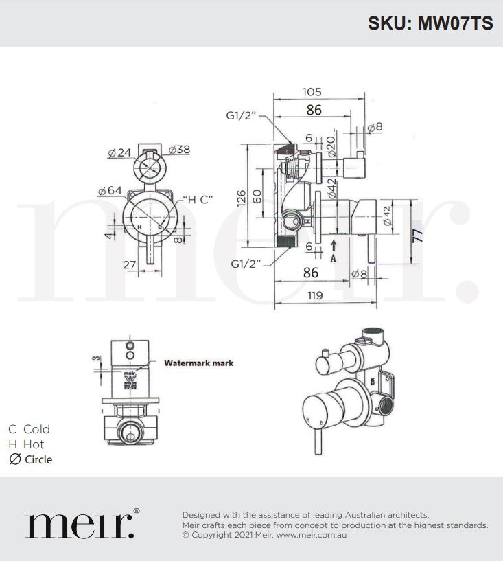 Meir Pinless Handle Round Diverter Mixer - Finish Trim Kit - Various Colour Finishes