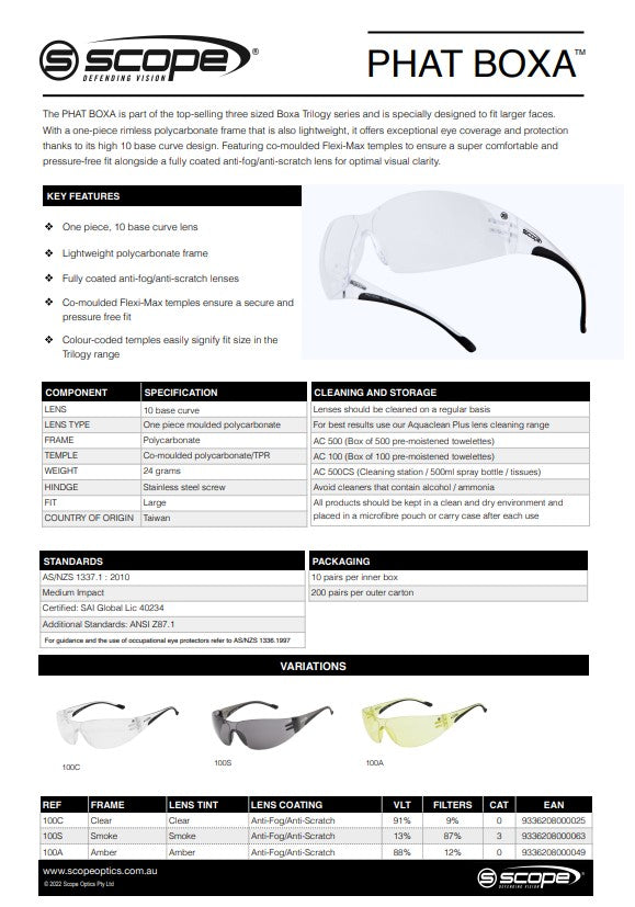 Scope Phat Boxa AF/AS Safety Glasses - 10 pairs in 3 Colour Lens Options