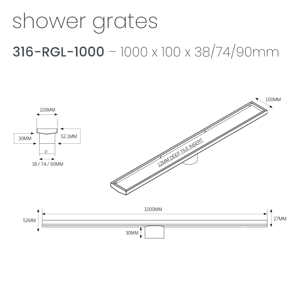 Radiant 316 Stainless Steel Linear Tile Insert Shower Grate - Various Length Options in 3 Outlet Sizes