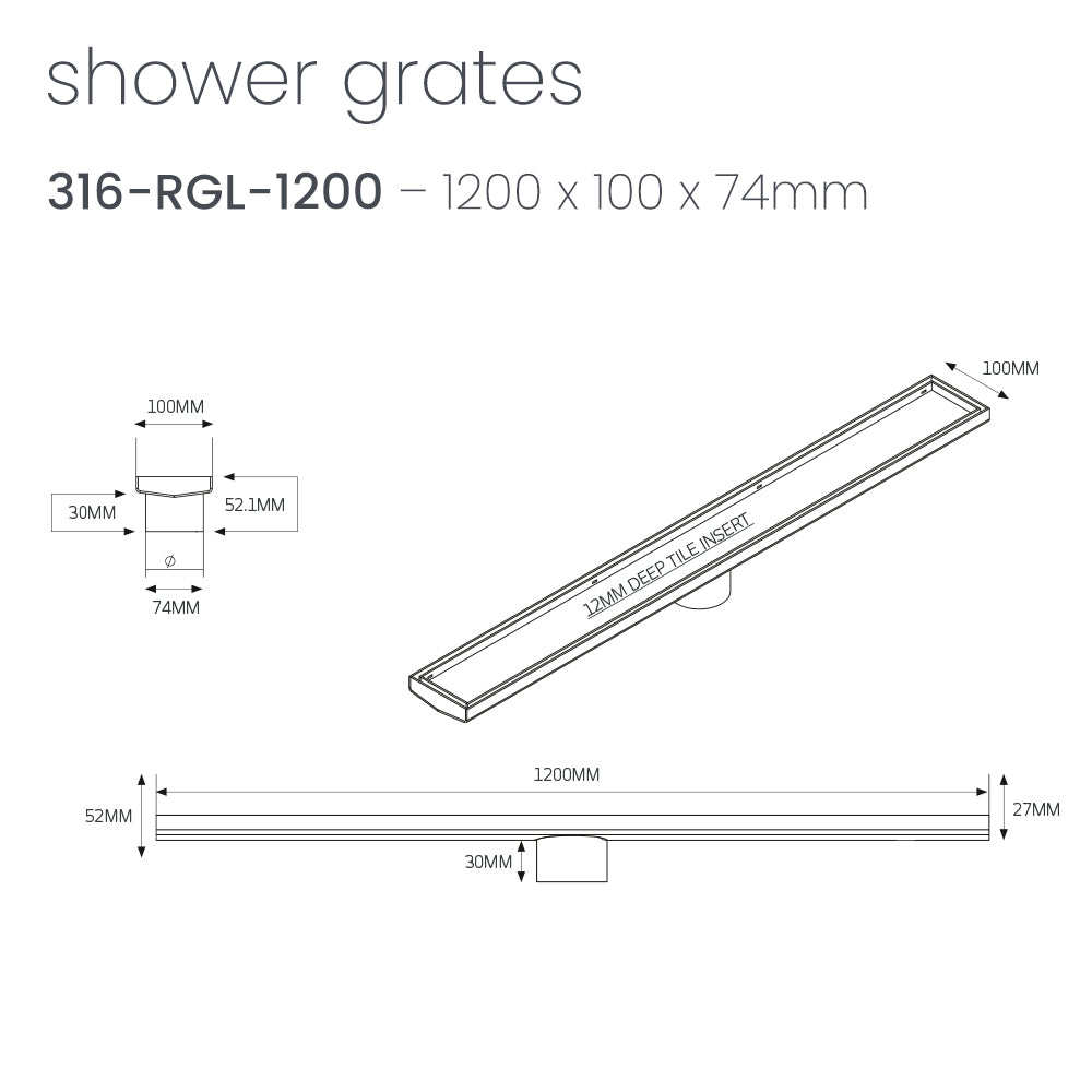 Radiant 316 Stainless Steel Linear Tile Insert Shower Grate - Various Length Options in 3 Outlet Sizes
