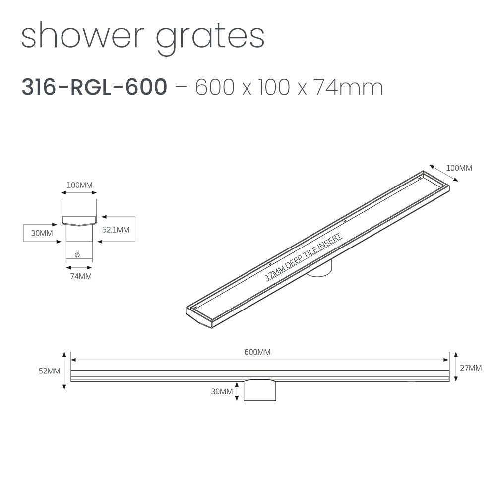 Radiant 316 Stainless Steel Linear Tile Insert Shower Grate - Various Length Options in 3 Outlet Sizes