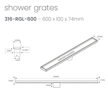Radiant Warm Brushed Nickel Linear Tile Insert Shower Grate - 100mm x Length x 74mm Outlet