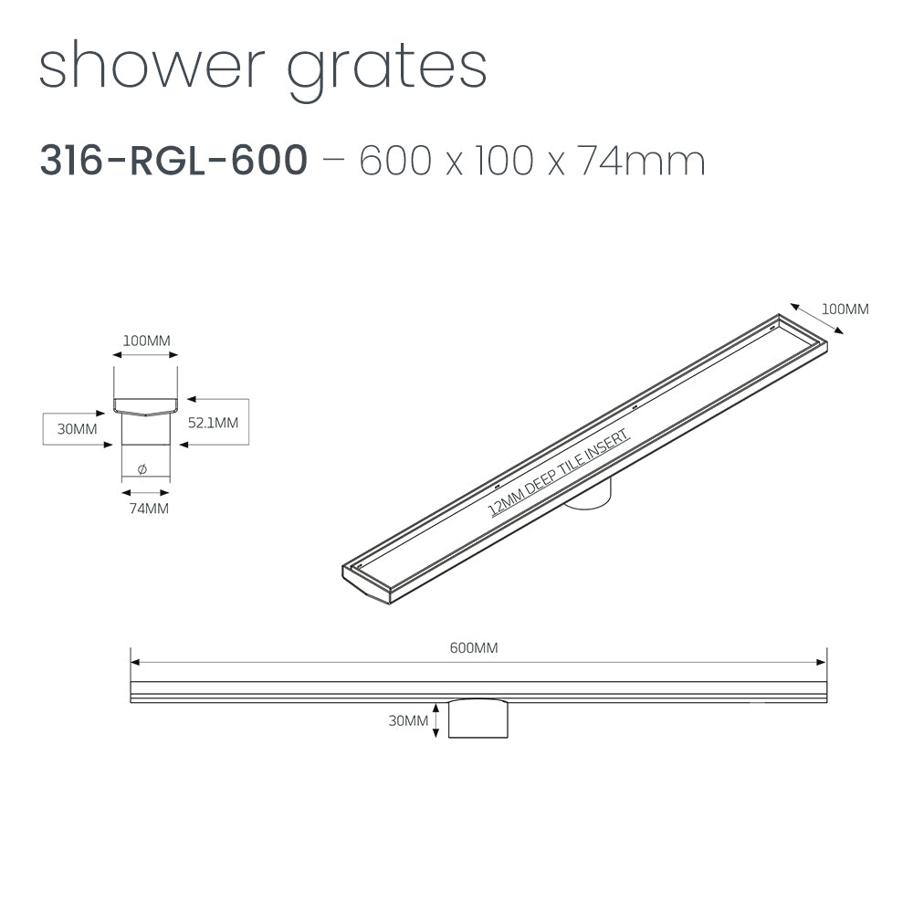 Radiant Matt Black Tile Insert Linear Shower Grate - Various Length Options in 2 Outlet Sizes