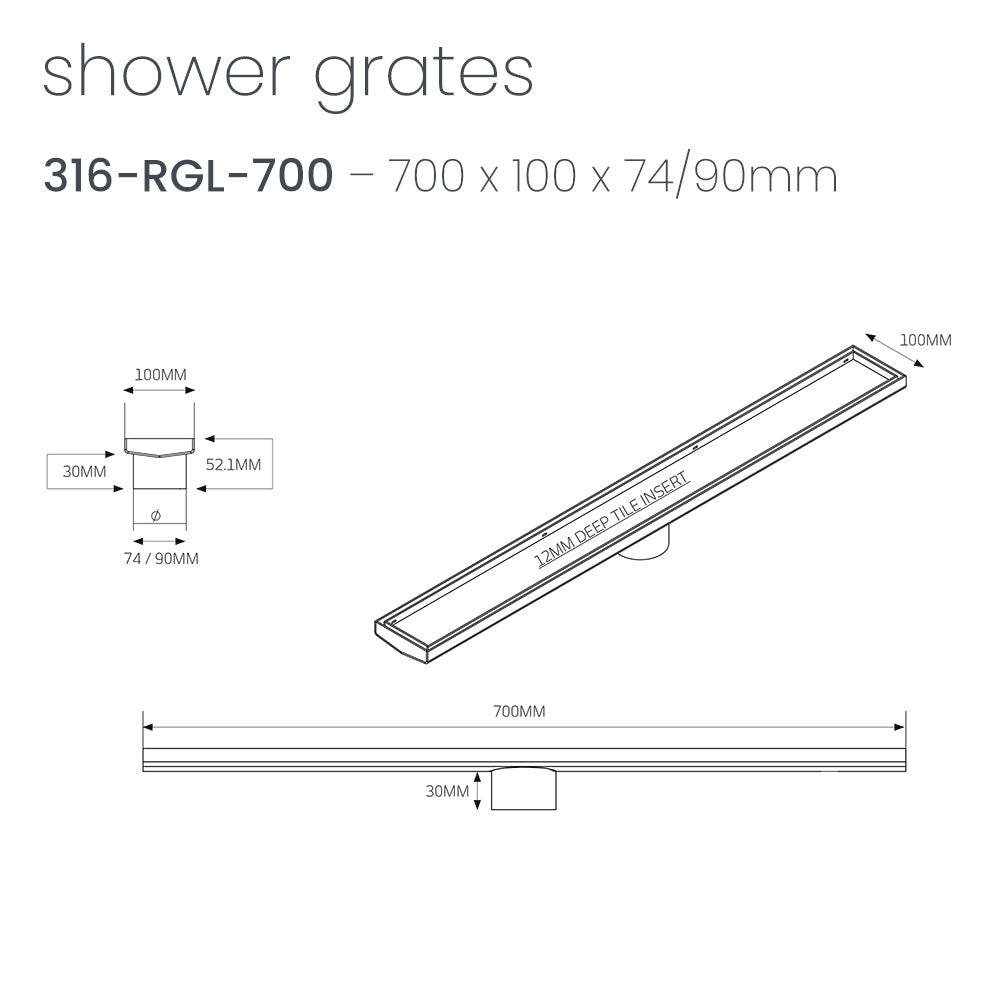Radiant Gun Metal Grey Nickel 316 Stainless Steel Linear Tile Insert Shower Grate - 4 Length Options x 74mm Outlet