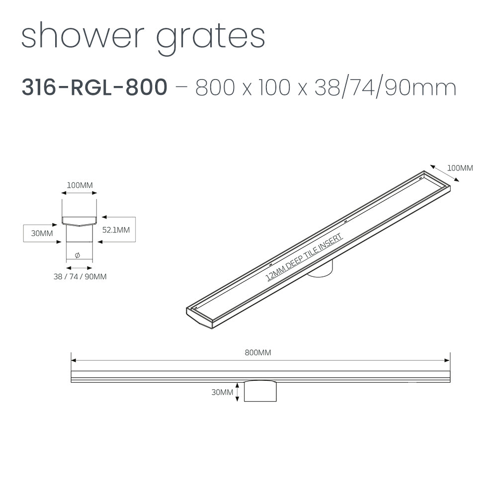 Radiant 316 Stainless Steel Linear Tile Insert Shower Grate - Various Length Options in 3 Outlet Sizes