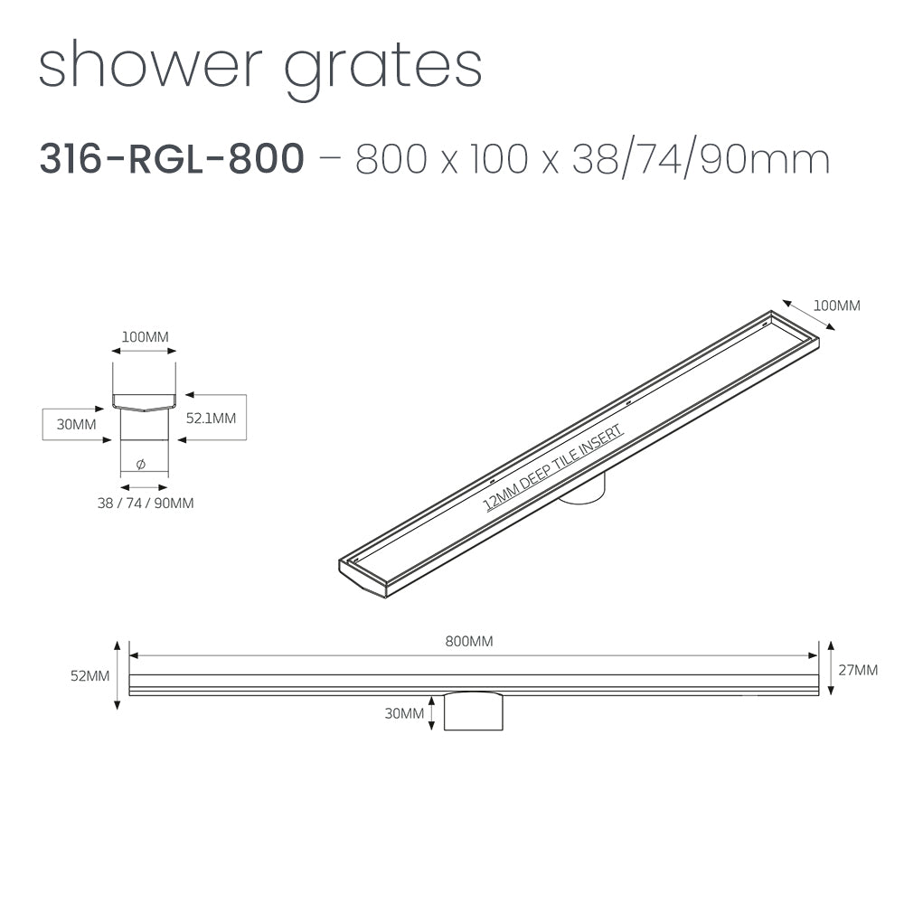 Radiant Brushed Gold Linear Tile Insert Floor Grate 100mm - 4 Length Options x 2 Outlet Sizes