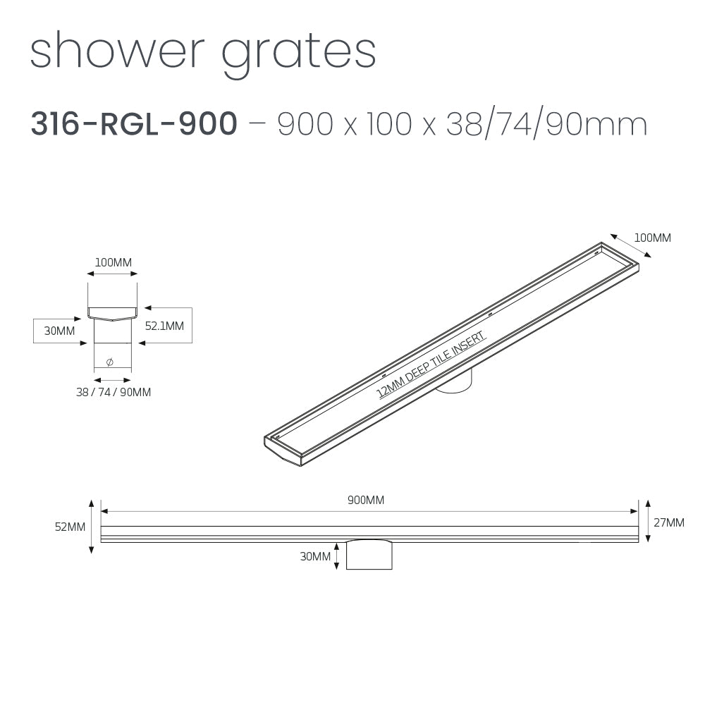 Radiant 316 Stainless Steel Linear Tile Insert Shower Grate - Various Length Options in 3 Outlet Sizes