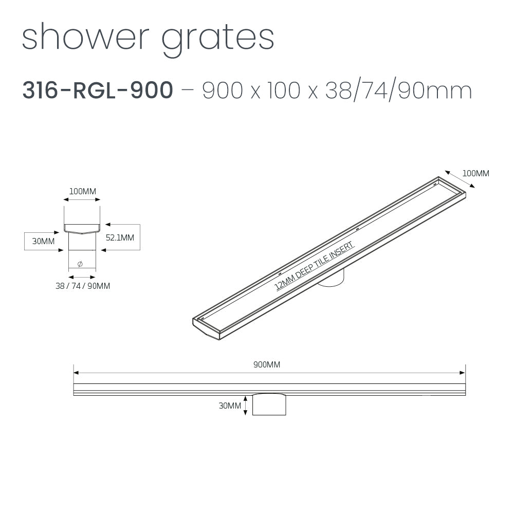 Radiant Brushed Gold Linear Tile Insert Floor Grate 100mm - 4 Length Options x 2 Outlet Sizes
