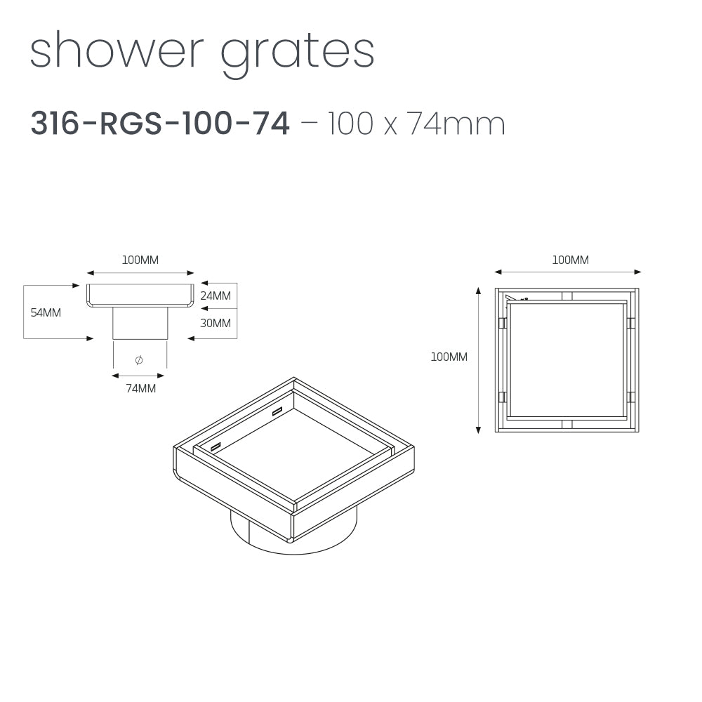 Radiant Matt Black 316 Stainless Steel Square Tile Insert Shower Grate - 2 Outlet Sizes