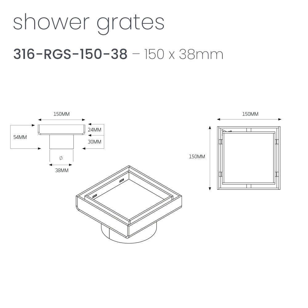 Radiant 316 Stainless Steel Square Tile Insert Shower Grate - 2 Size Options in 3 Outlet Sizes