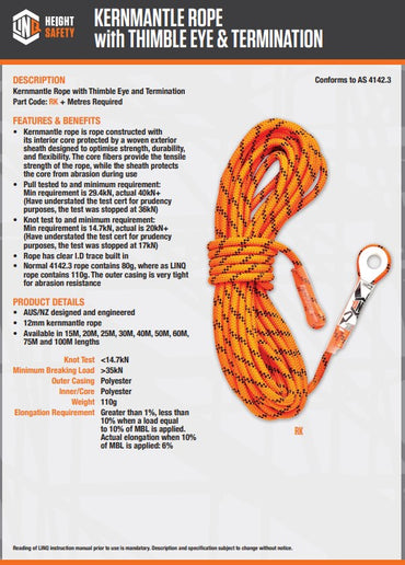 Linq Kernmantle Rope with Thimble Eye & Rope Grab - 15m, 20m, 25m, 30m, 40m 50m and 60m