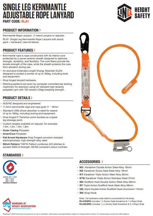 Linq Height Safety Single Leg 2m Shock Absorb Adjustable Rope Lanyard - Plus Hardware