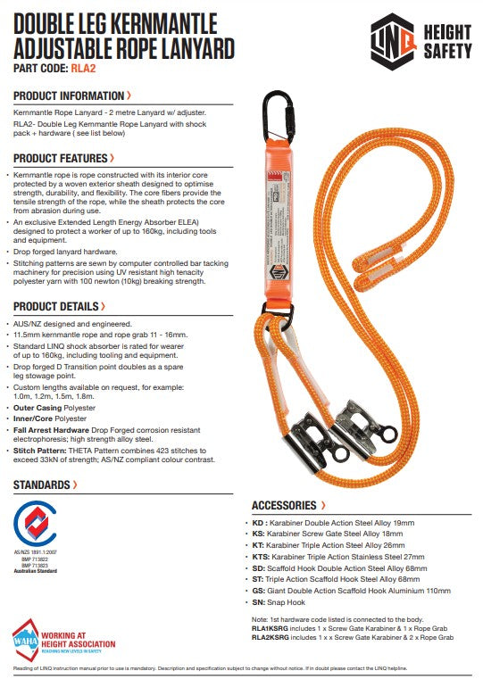 Linq Height Safety Double Adjustable Rope Lanyards - Plus Hardware Made to Order