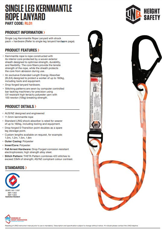 Linq Single Leg Kernmantle 2M Shock Absorb Rope Lanyard - Plus Harware
