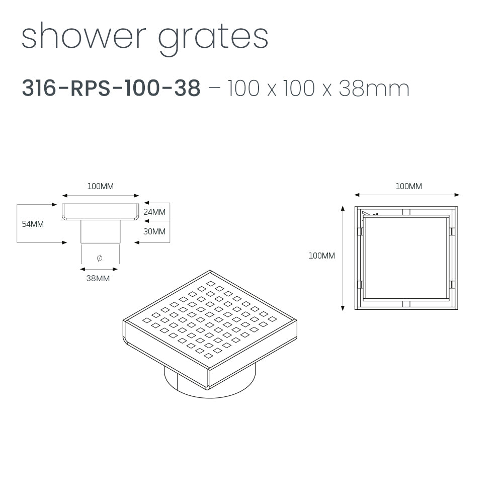 Radiant 316 Stainless Steel Square Patterned Floor Waste 100mm x 100mm - 3 Outlet Sizes