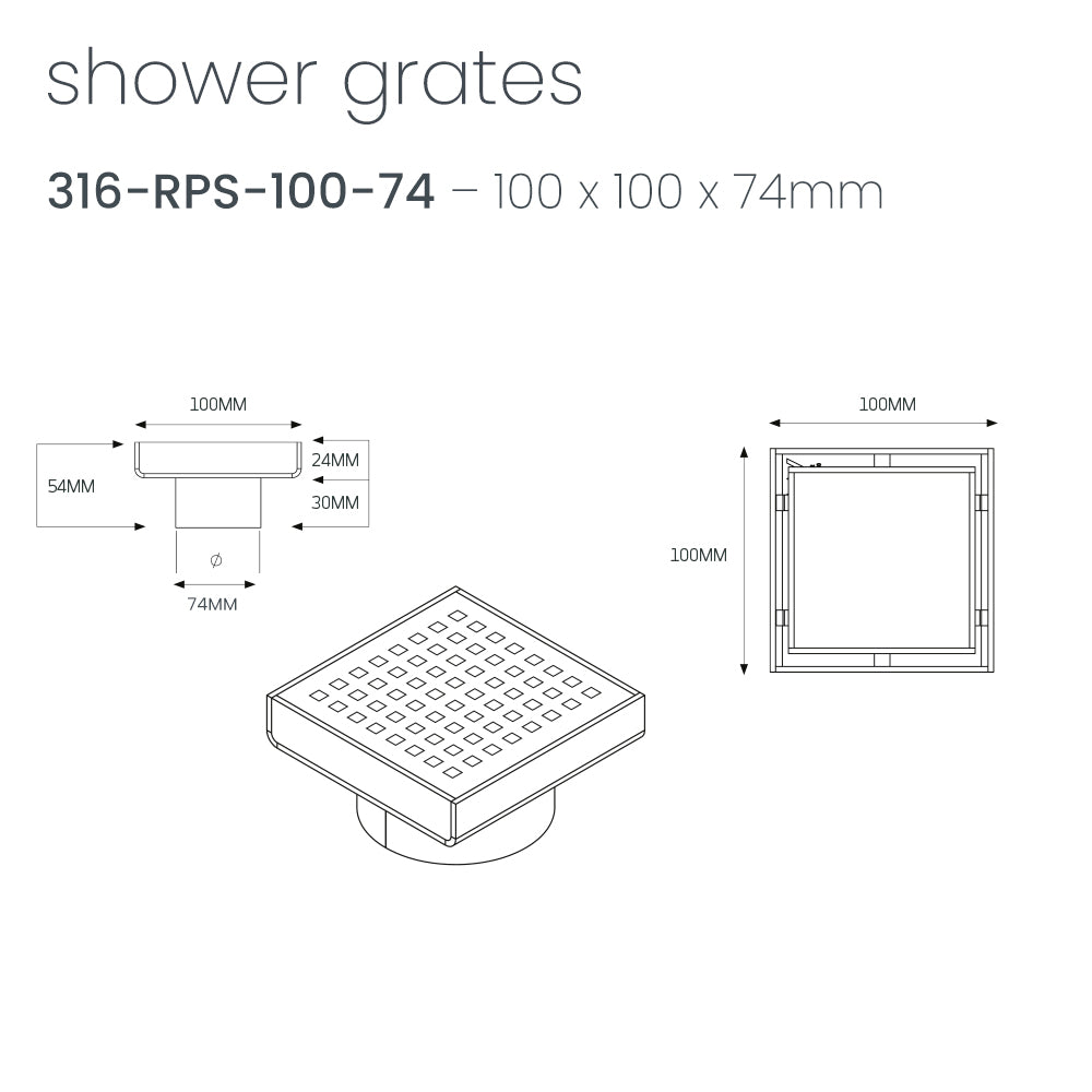 Radiant 316 Stainless Steel Square Patterned Floor Waste 100mm x 100mm - 3 Outlet Sizes