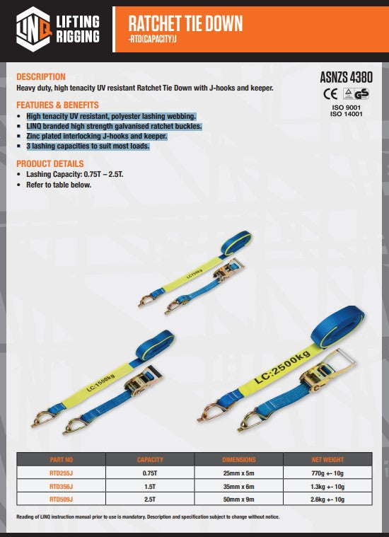 Linq Ratchet Tie Down Captive J-Hook - Various Lashing Capacity
